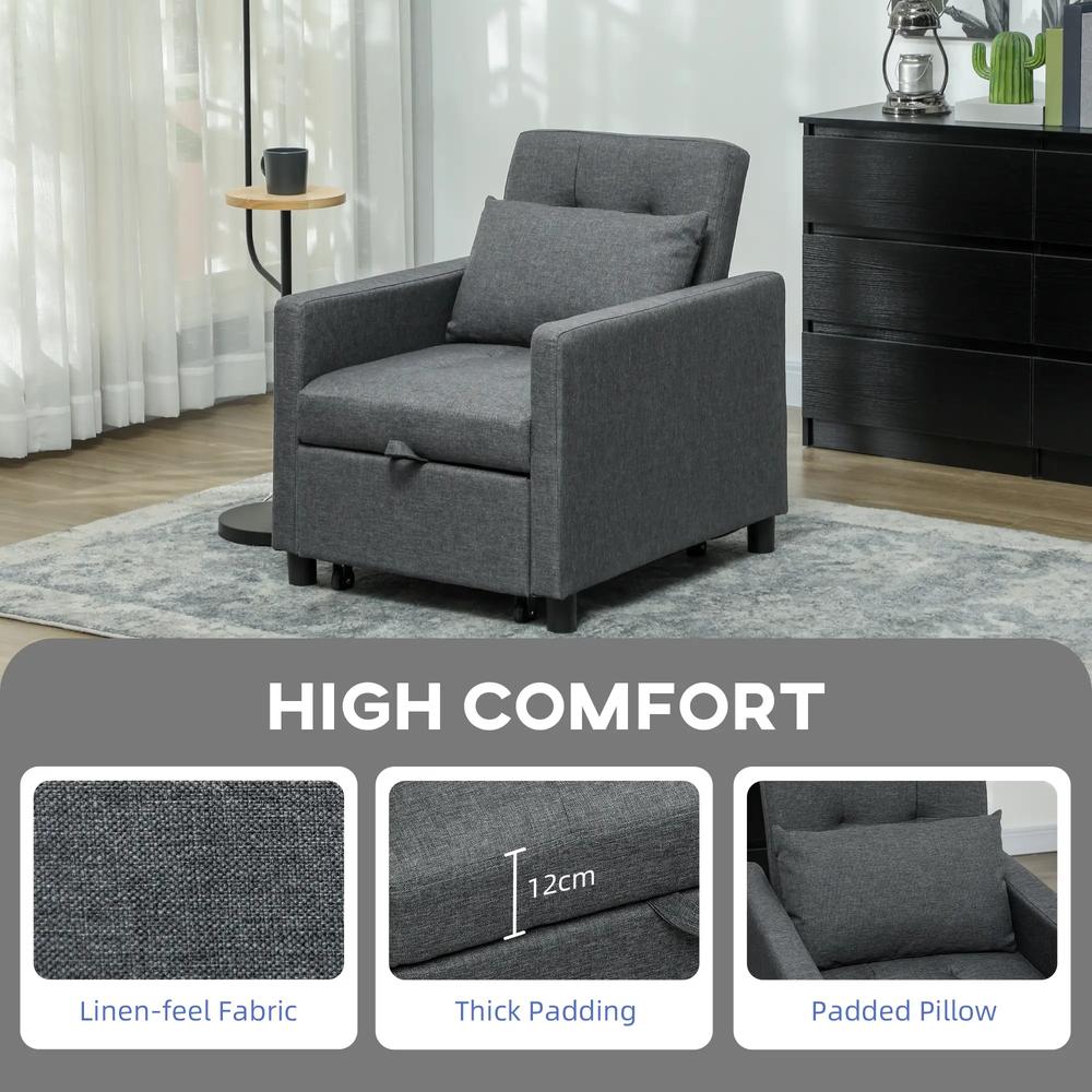 HOMCOM 3-In-1 Chair Bed, Convertible Sleeper Chair with Adjustable Backrest, Pillow and Footrest for Living Room, Dark Grey Additional View 5