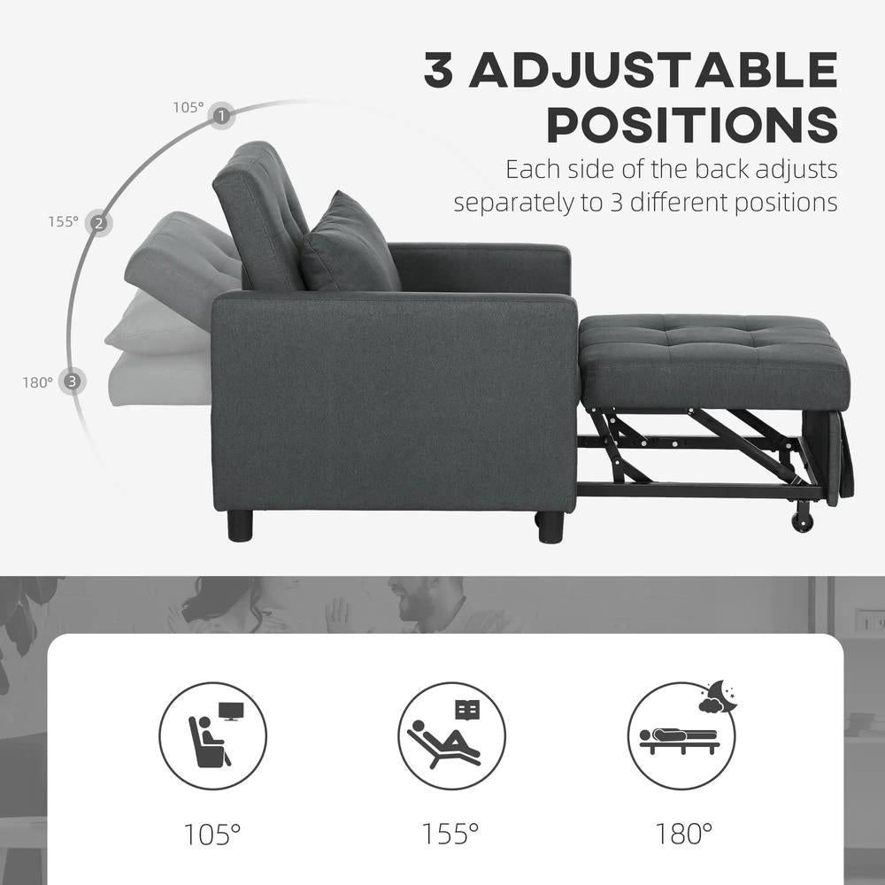 HOMCOM 3-In-1 Chair Bed, Convertible Sleeper Chair with Adjustable Backrest, Pillow and Footrest for Living Room, Dark Grey Additional View 7