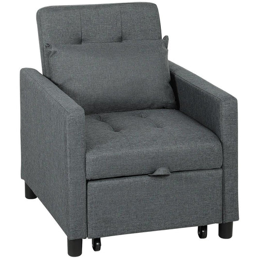 HOMCOM 3-In-1 Chair Bed, Convertible Sleeper Chair with Adjustable Backrest, Pillow and Footrest for Living Room, Dark Grey