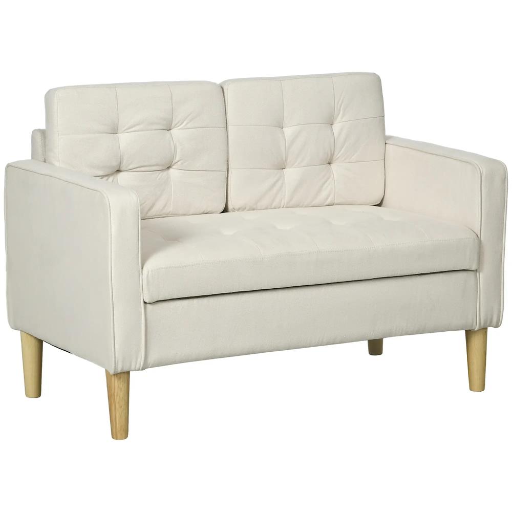 HOMCOM Modern Loveseat Sofa, Compact 2 Seater Sofa with Hidden Storage, 117cm Tufted Cotton Couch with Wood Legs