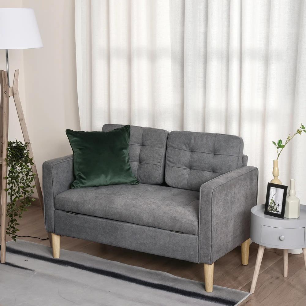 HOMCOM 2 Seater Storage Sofa, Fabric Couch with Hidden Under Seat Storage, Thick Cushions, Compact Space Saving Settee with Rubberwood Legs for Living Room, Apartment Additional View 2