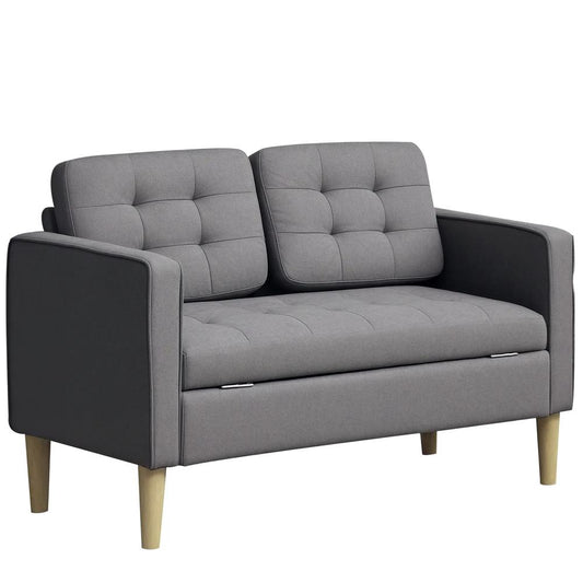 HOMCOM 2 Seater Storage Sofa, Fabric Couch with Hidden Under Seat Storage, Thick Cushions, Compact Space Saving Settee with Rubberwood Legs for Living Room, Apartment
