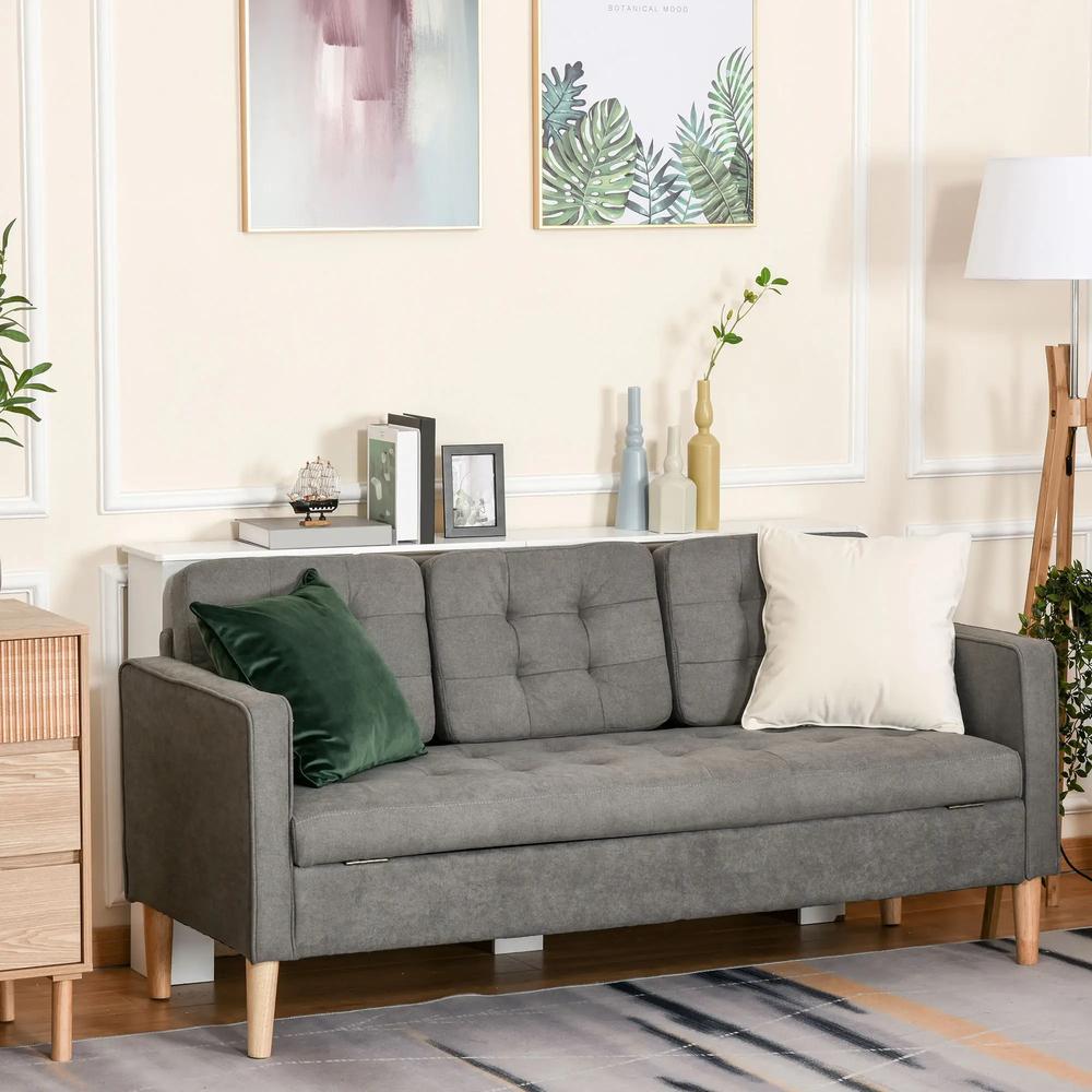 HOMCOM 3 Seater Storage Sofa, Fabric Couch with Hidden Under Seat Storage, Thick Cushions, Compact Space Saving Settee with Rubberwood Legs, Apartment, Grey Additional View 2