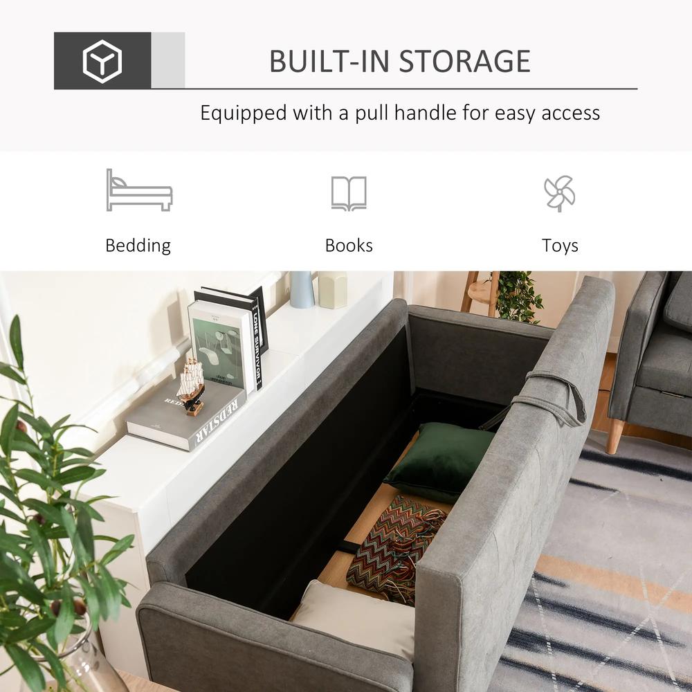 HOMCOM 3 Seater Storage Sofa, Fabric Couch with Hidden Under Seat Storage, Thick Cushions, Compact Space Saving Settee with Rubberwood Legs, Apartment, Grey Additional View 4