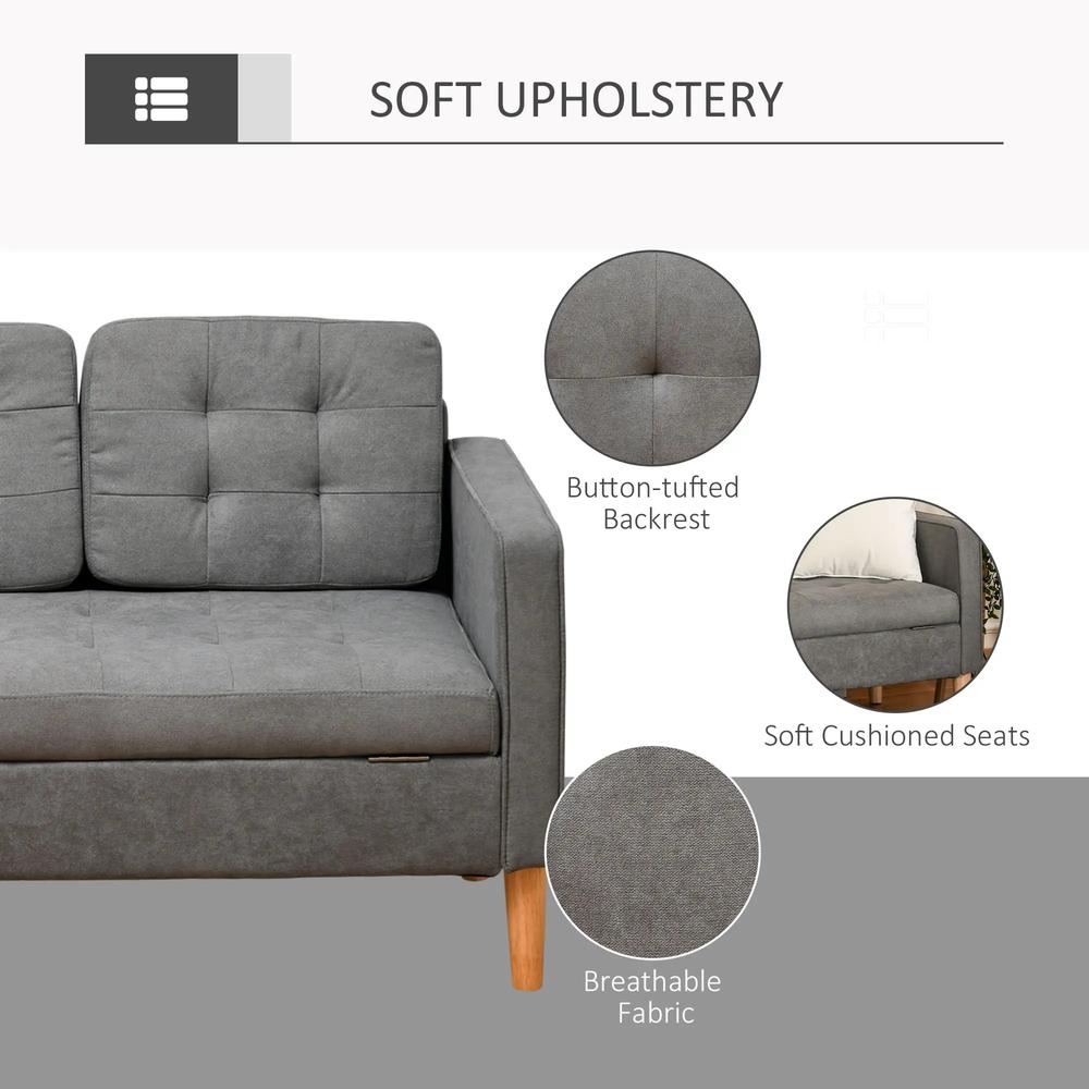 HOMCOM 3 Seater Storage Sofa, Fabric Couch with Hidden Under Seat Storage, Thick Cushions, Compact Space Saving Settee with Rubberwood Legs, Apartment, Grey Additional View 6