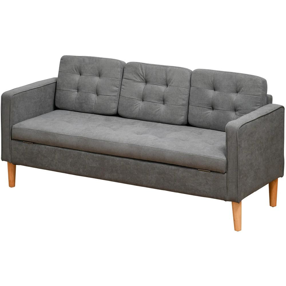 HOMCOM 3 Seater Storage Sofa, Fabric Couch with Hidden Under Seat Storage, Thick Cushions, Compact Space Saving Settee with Rubberwood Legs, Apartment, Grey Additional View 10