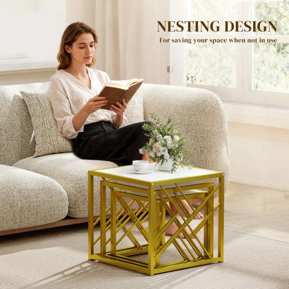 HOMCOM Nesting Coffee Tables, Set of 3 Square Side Tables with Black Metal Frame, for Living Room, Bedroom and Office Additional View 15
