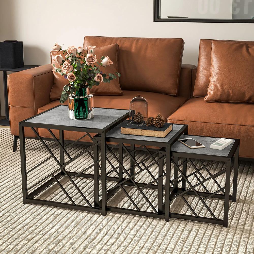 HOMCOM Nesting Coffee Tables, Set of 3 Square Side Tables with Black Metal Frame, for Living Room, Bedroom and Office Additional View 2