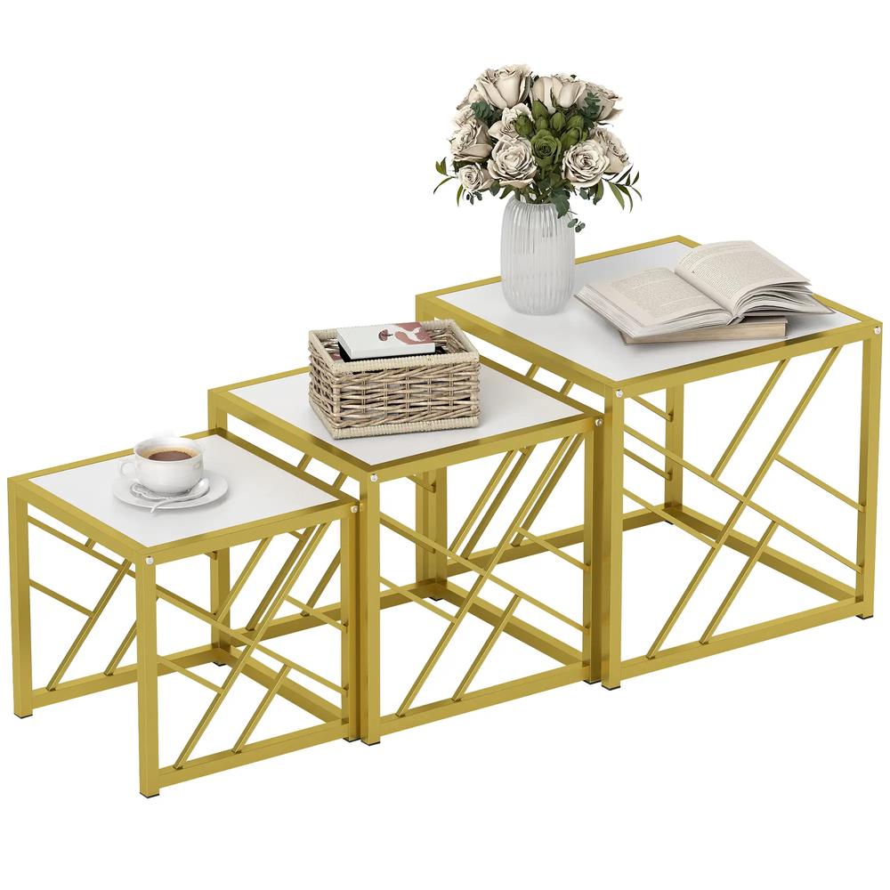 HOMCOM Nesting Coffee Tables, Set of 3 Square Side Tables with Black Metal Frame, for Living Room, Bedroom and Office Additional View 21