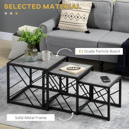 HOMCOM Nesting Coffee Tables, Set of 3 Square Side Tables with Black Metal Frame, for Living Room, Bedroom and Office Additional View 4