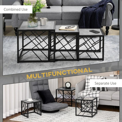 HOMCOM Nesting Coffee Tables, Set of 3 Square Side Tables with Black Metal Frame, for Living Room, Bedroom and Office Additional View 6