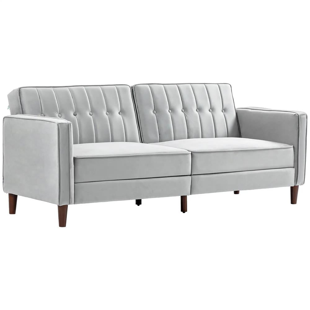 HOMCOM Modern Convertible Sofa Futon Velvet-Touch Tufted Couch Compact Loveseat with Adjustable Split Back, Light Grey Additional View 11