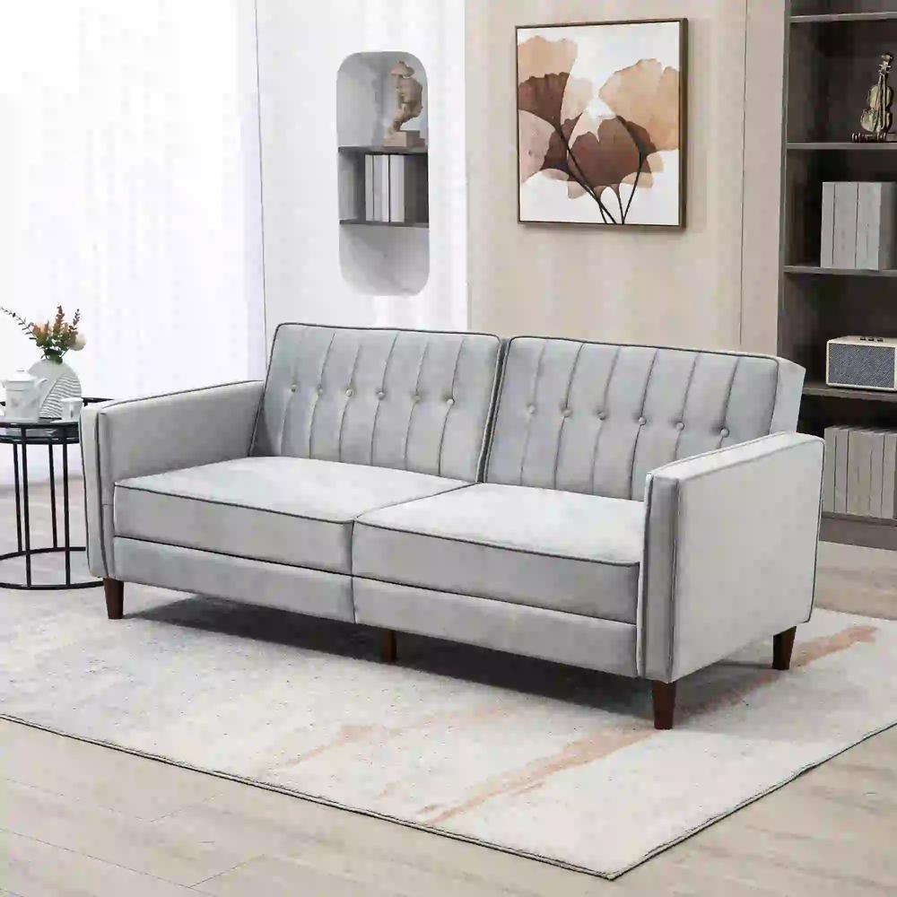 HOMCOM Modern Convertible Sofa Futon Velvet-Touch Tufted Couch Compact Loveseat with Adjustable Split Back, Light Grey Additional View 2