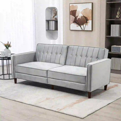 HOMCOM Modern Convertible Sofa Futon Velvet-Touch Tufted Couch Compact Loveseat with Adjustable Split Back, Light Grey Additional View 2