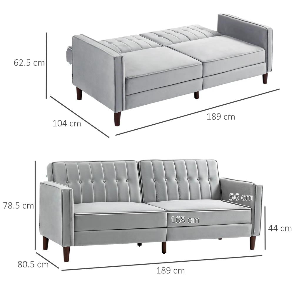 HOMCOM Modern Convertible Sofa Futon Velvet-Touch Tufted Couch Compact Loveseat with Adjustable Split Back, Light Grey Additional View 3