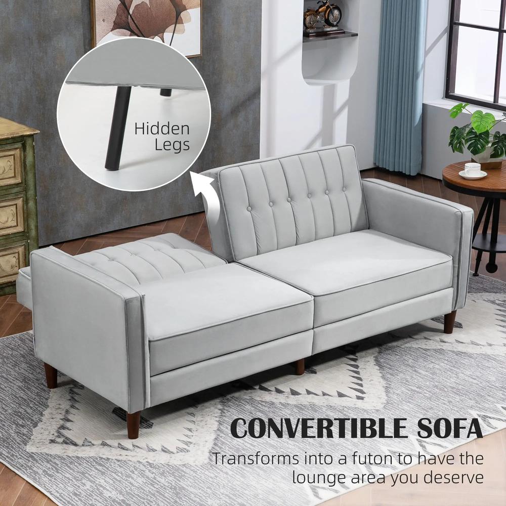 HOMCOM Modern Convertible Sofa Futon Velvet-Touch Tufted Couch Compact Loveseat with Adjustable Split Back, Light Grey Additional View 4