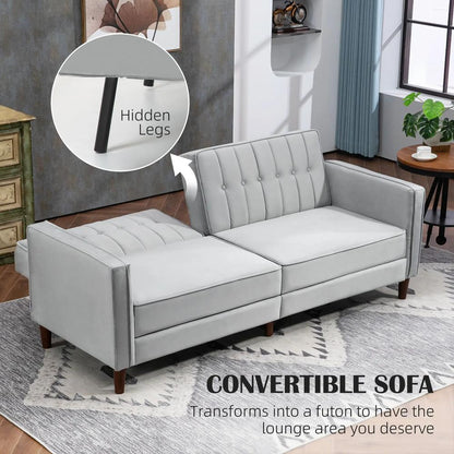 HOMCOM Modern Convertible Sofa Futon Velvet-Touch Tufted Couch Compact Loveseat with Adjustable Split Back, Light Grey Additional View 4