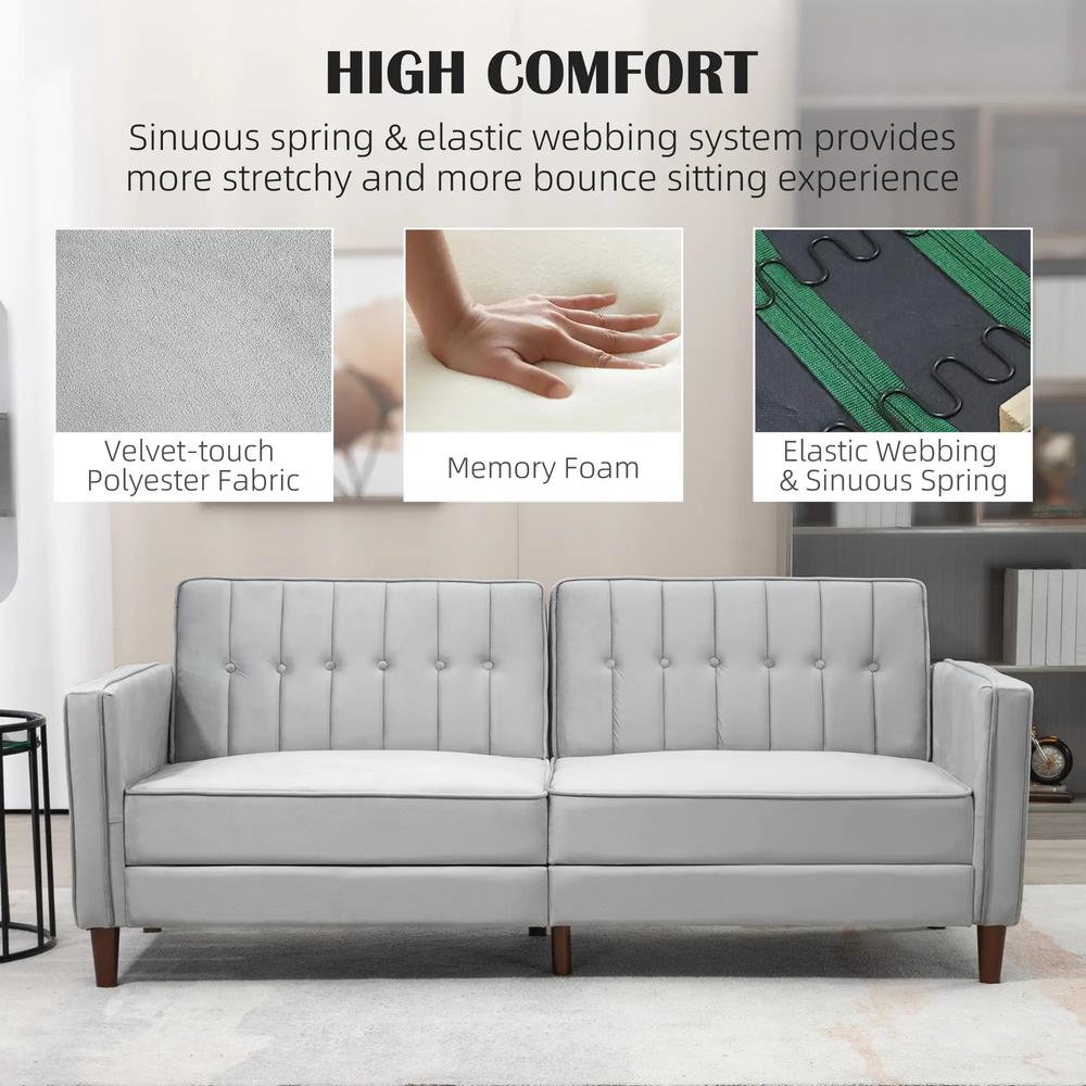 HOMCOM Modern Convertible Sofa Futon Velvet-Touch Tufted Couch Compact Loveseat with Adjustable Split Back, Light Grey Additional View 6