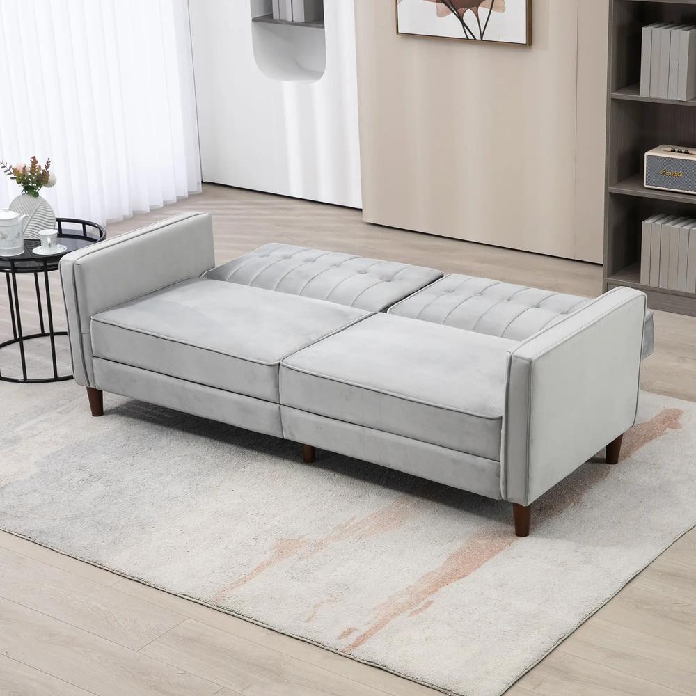 HOMCOM Modern Convertible Sofa Futon Velvet-Touch Tufted Couch Compact Loveseat with Adjustable Split Back, Light Grey Additional View 7