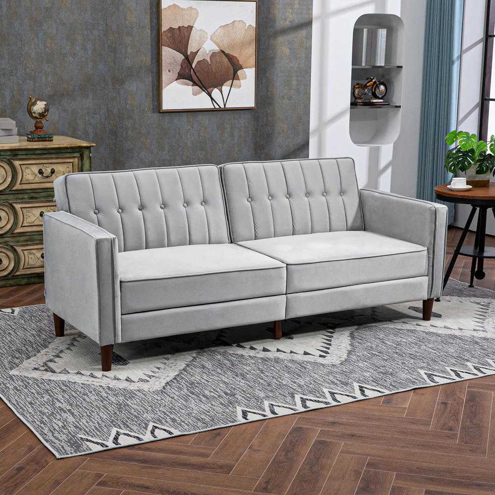 HOMCOM Modern Convertible Sofa Futon Velvet-Touch Tufted Couch Compact Loveseat with Adjustable Split Back, Light Grey Additional View 10