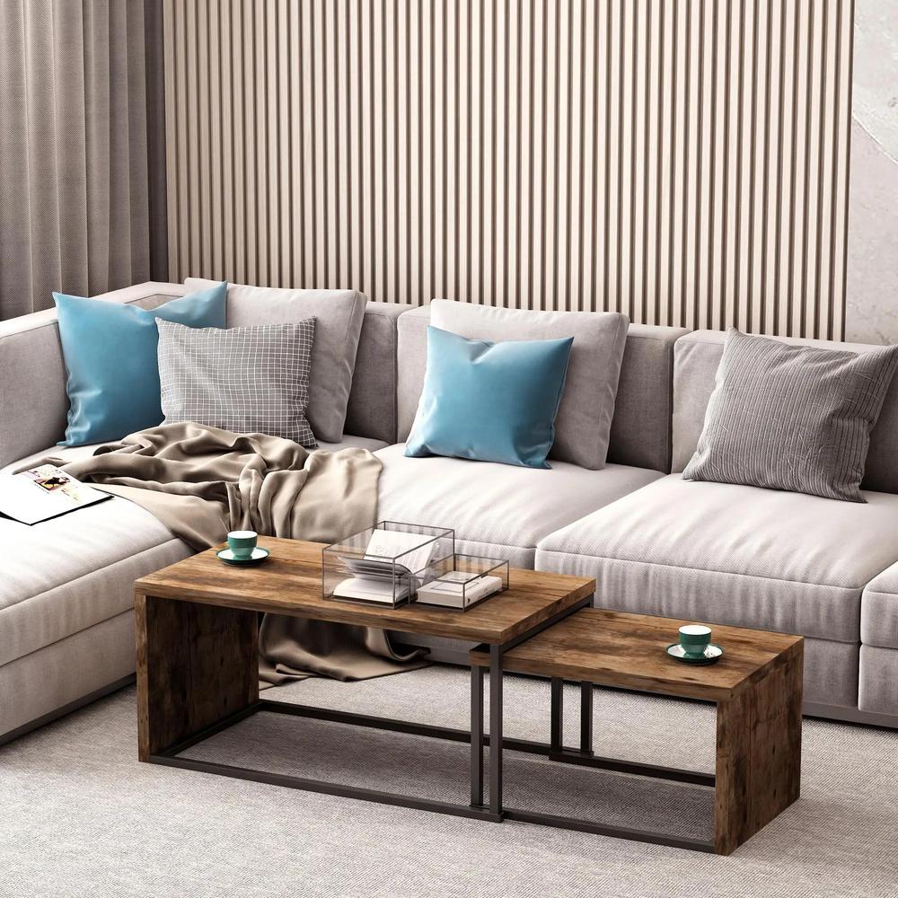 HOMCOM Nesting Coffee Table Set of 2, Industrial Stacking Side End Tables with Metal Frame for Living Room, Bedroom Additional View 13