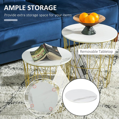 HOMCOM Set of 2 Nesting Side Tables with Storage, Round End Tables Coffee Tables with Steel Frame and Removable Round Top, for Living Room, bedroom, office, White Additional View 4