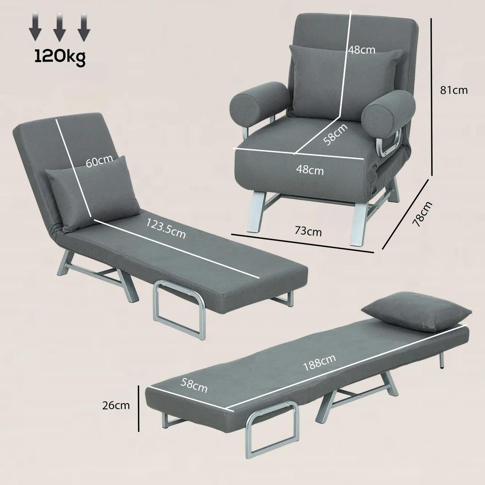 HOMCOM Single Sofa Bed, 3-in-1 Convertible Folding Chair Bed with Adjustable Backrest, Removable Armrests Additional View 3