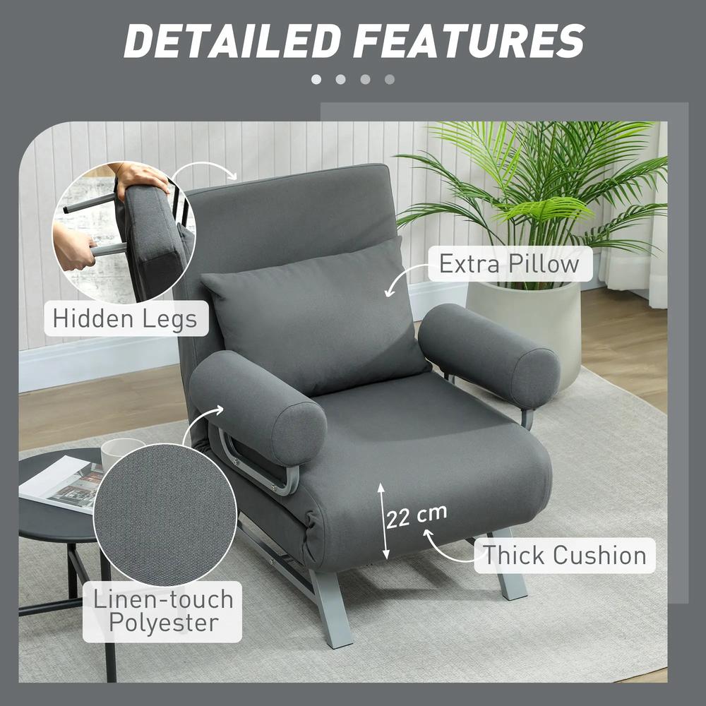 HOMCOM Single Sofa Bed, 3-in-1 Convertible Folding Chair Bed with Adjustable Backrest, Removable Armrests Additional View 5