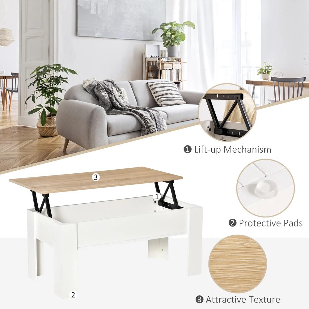 HOMCOM Lift Top Coffee Table with Hidden Storage Compartment, Lift Tabletop Pop-Up Center Table for Living Room Additional View 6