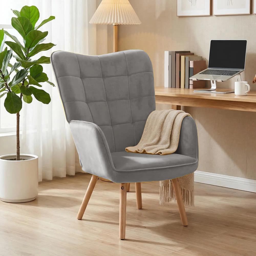 HOMCOM Modern Accent Chair, Upholstered High Back Armchair with Tufted Wingback, Seat Padding, Velvet Leisure Lounge Bedroom Chair with Wood Legs Additional View 11