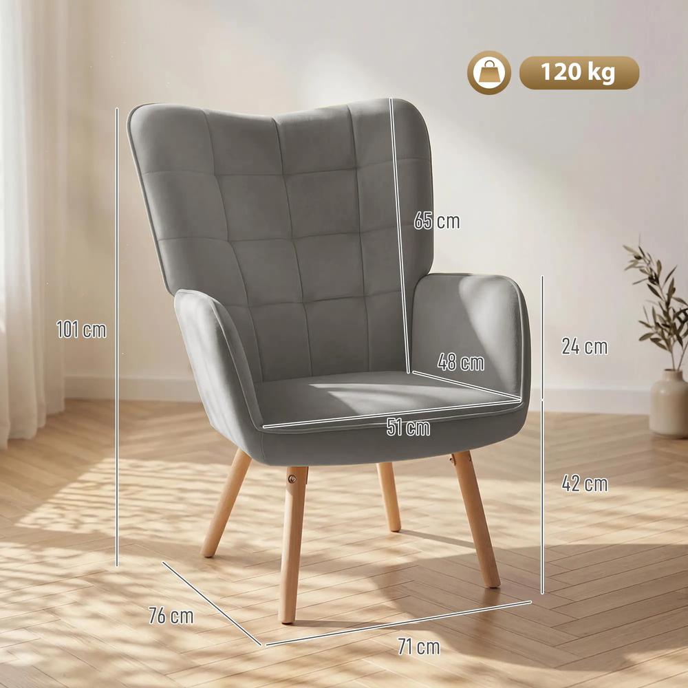 HOMCOM Modern Accent Chair, Upholstered High Back Armchair with Tufted Wingback, Seat Padding, Velvet Leisure Lounge Bedroom Chair with Wood Legs Additional View 13