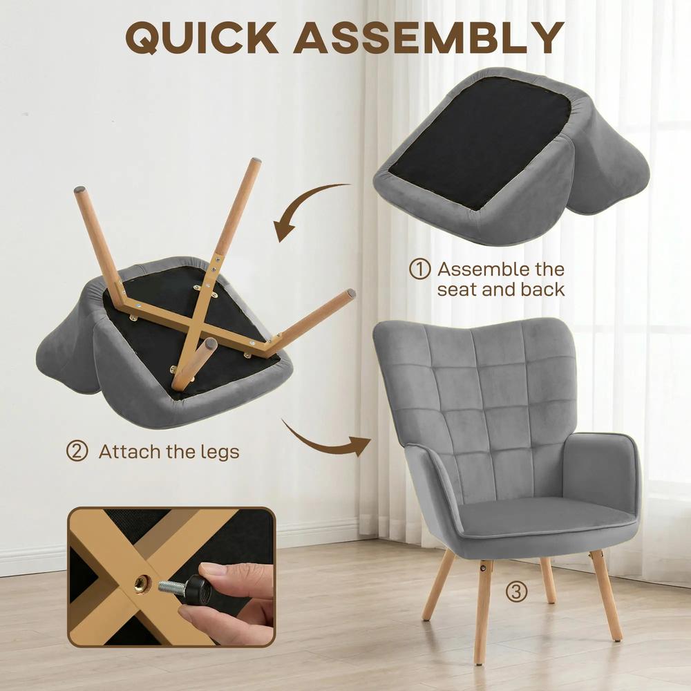 HOMCOM Modern Accent Chair, Upholstered High Back Armchair with Tufted Wingback, Seat Padding, Velvet Leisure Lounge Bedroom Chair with Wood Legs Additional View 16