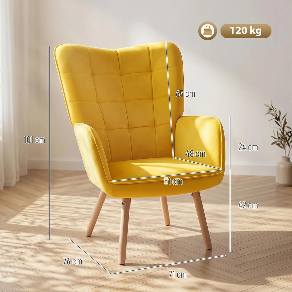 HOMCOM Modern Accent Chair, Upholstered High Back Armchair with Tufted Wingback, Seat Padding, Velvet Leisure Lounge Bedroom Chair with Wood Legs Additional View 3