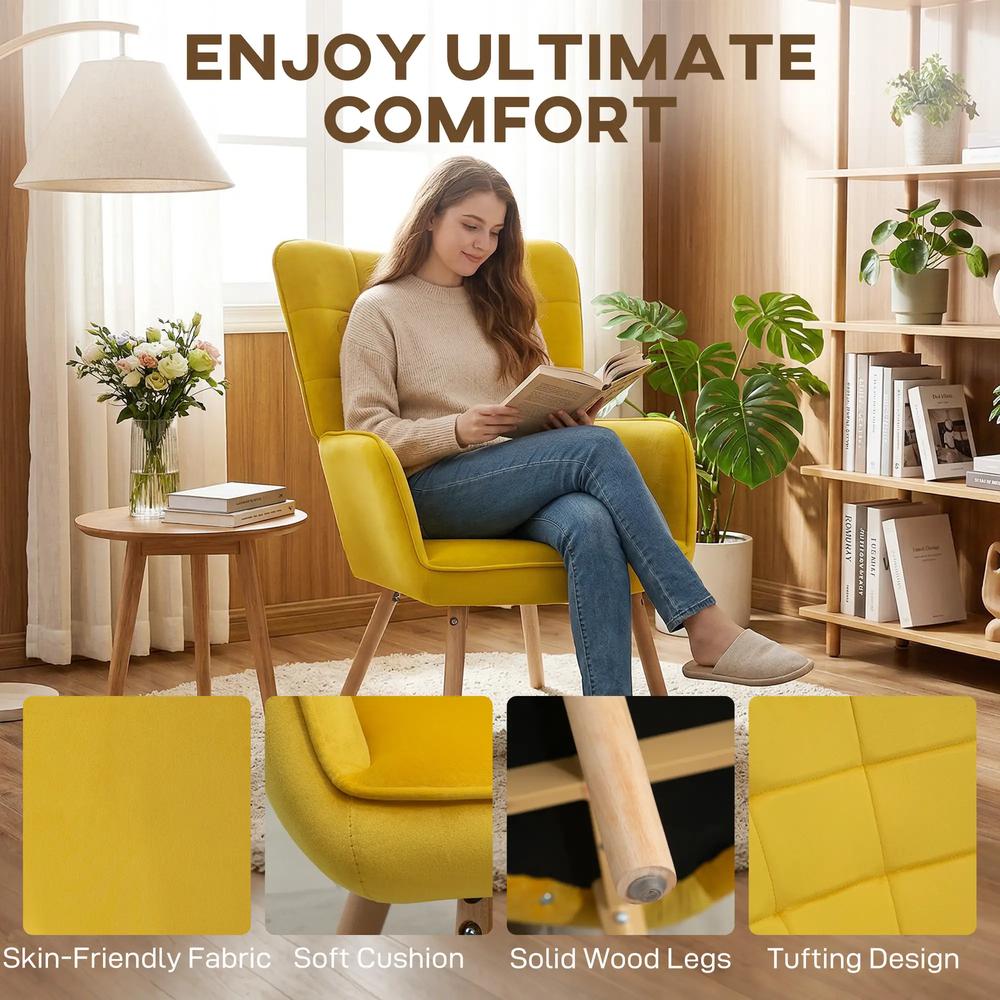 HOMCOM Modern Accent Chair, Upholstered High Back Armchair with Tufted Wingback, Seat Padding, Velvet Leisure Lounge Bedroom Chair with Wood Legs Additional View 4