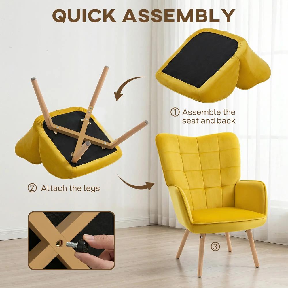 HOMCOM Modern Accent Chair, Upholstered High Back Armchair with Tufted Wingback, Seat Padding, Velvet Leisure Lounge Bedroom Chair with Wood Legs Additional View 6