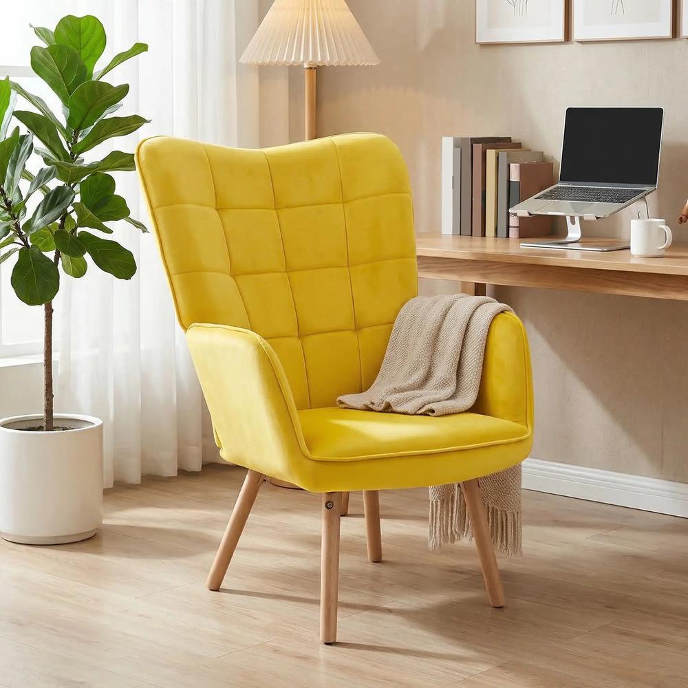 HOMCOM Modern Accent Chair, Upholstered High Back Armchair with Tufted Wingback, Seat Padding, Velvet Leisure Lounge Bedroom Chair with Wood Legs