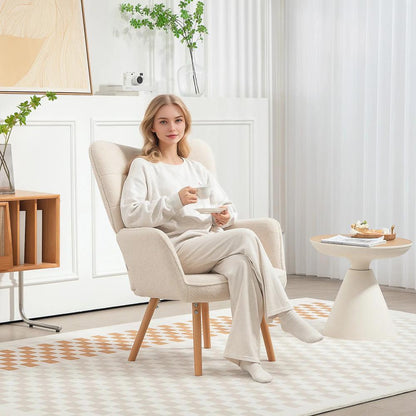 HOMCOM Modern Accent Chair, Upholstered High Back Armchair with Tufted Wingback, Seat Padding, Teddy Fleece Leisure Lounge Bedroom Chair with Wood Legs, Cream White Additional View 2