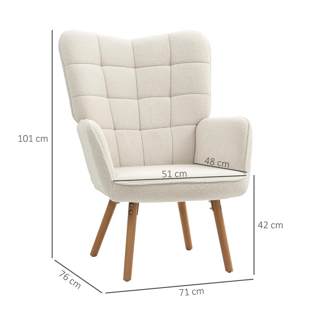 HOMCOM Modern Accent Chair, Upholstered High Back Armchair with Tufted Wingback, Seat Padding, Teddy Fleece Leisure Lounge Bedroom Chair with Wood Legs, Cream White Additional View 3