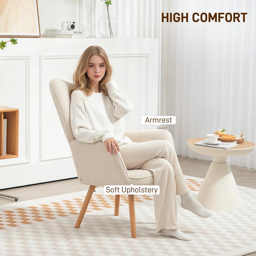 HOMCOM Modern Accent Chair, Upholstered High Back Armchair with Tufted Wingback, Seat Padding, Teddy Fleece Leisure Lounge Bedroom Chair with Wood Legs, Cream White Additional View 4
