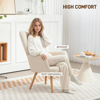 HOMCOM Modern Accent Chair, Upholstered High Back Armchair with Tufted Wingback, Seat Padding, Teddy Fleece Leisure Lounge Bedroom Chair with Wood Legs, Cream White Additional View 4