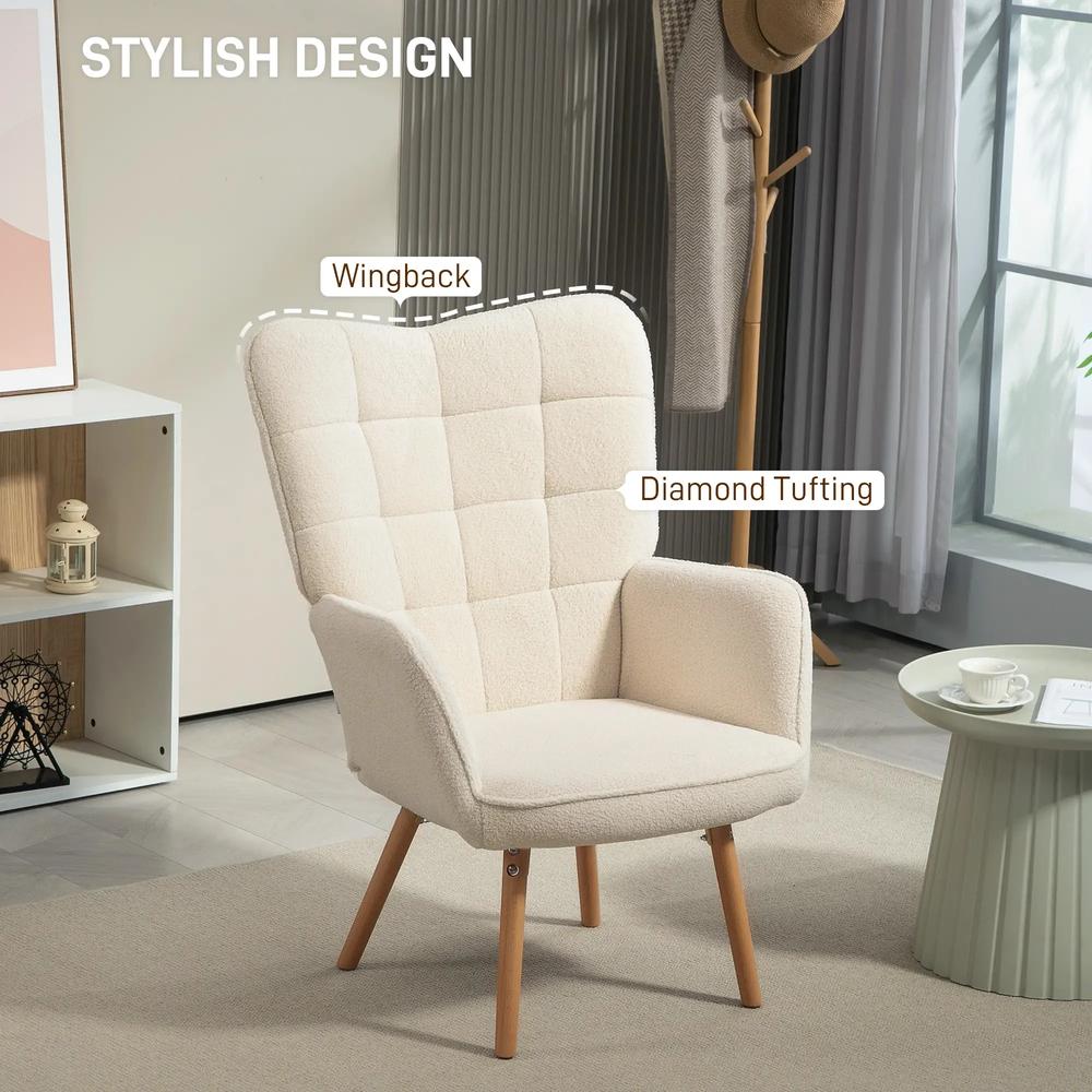 HOMCOM Modern Accent Chair, Upholstered High Back Armchair with Tufted Wingback, Seat Padding, Teddy Fleece Leisure Lounge Bedroom Chair with Wood Legs, Cream White Additional View 5