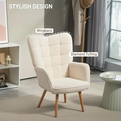 HOMCOM Modern Accent Chair, Upholstered High Back Armchair with Tufted Wingback, Seat Padding, Teddy Fleece Leisure Lounge Bedroom Chair with Wood Legs, Cream White Additional View 5