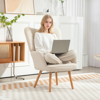 HOMCOM Modern Accent Chair, Upholstered High Back Armchair with Tufted Wingback, Seat Padding, Teddy Fleece Leisure Lounge Bedroom Chair with Wood Legs, Cream White Additional View 6