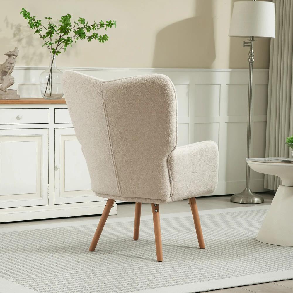 HOMCOM Modern Accent Chair, Upholstered High Back Armchair with Tufted Wingback, Seat Padding, Teddy Fleece Leisure Lounge Bedroom Chair with Wood Legs, Cream White Additional View 7