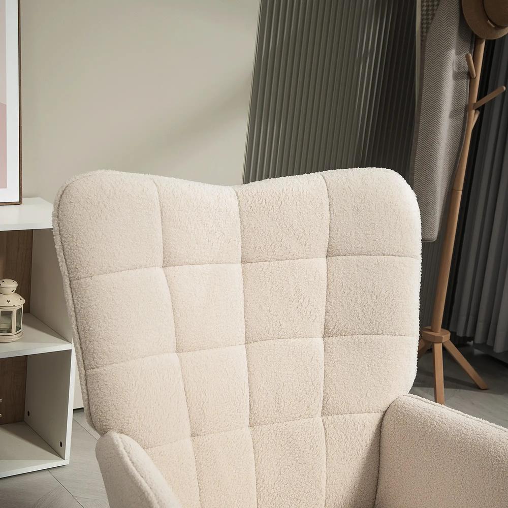 HOMCOM Modern Accent Chair, Upholstered High Back Armchair with Tufted Wingback, Seat Padding, Teddy Fleece Leisure Lounge Bedroom Chair with Wood Legs, Cream White Additional View 8