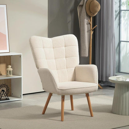 HOMCOM Modern Accent Chair, Upholstered High Back Armchair with Tufted Wingback, Seat Padding, Teddy Fleece Leisure Lounge Bedroom Chair with Wood Legs, Cream White Additional View 10