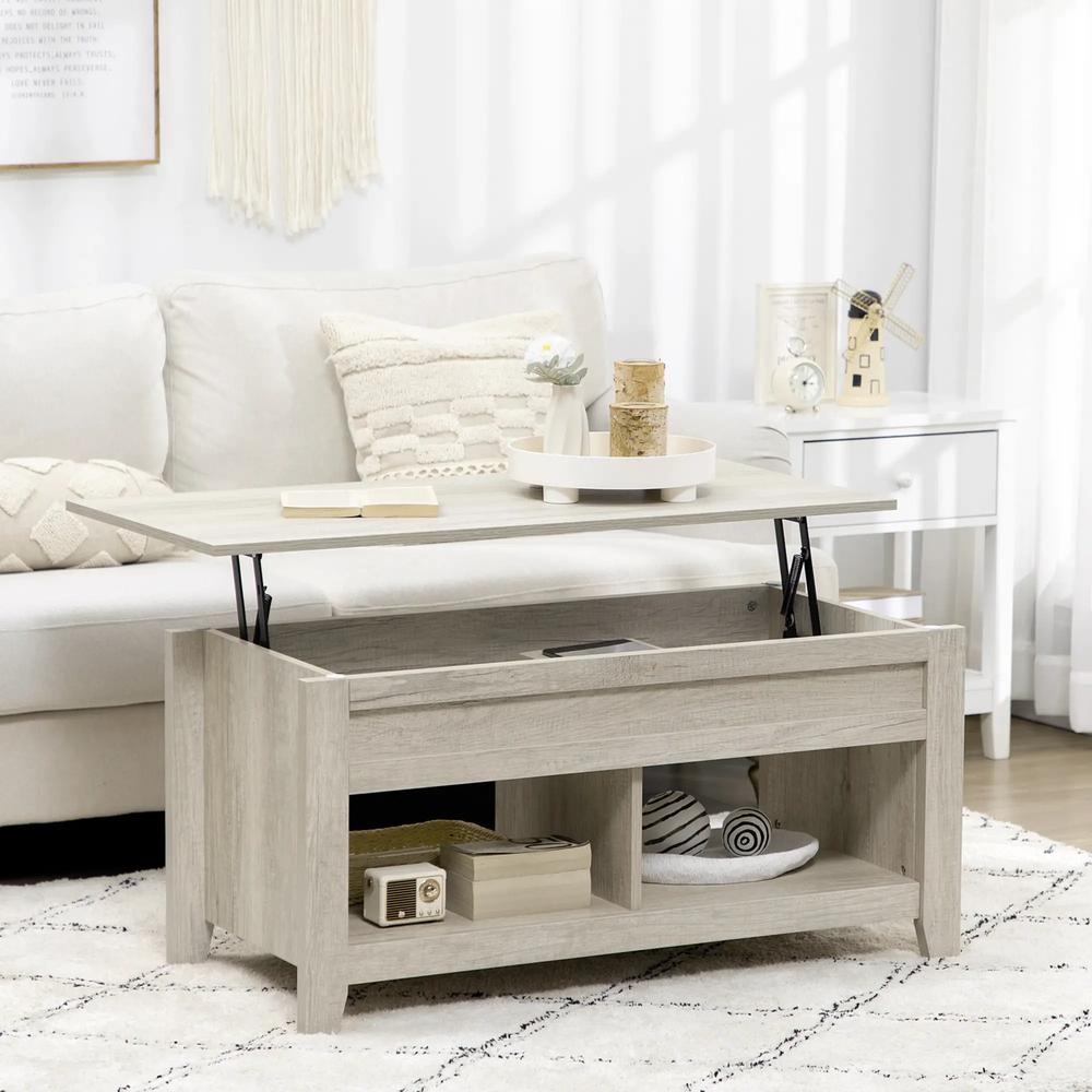 HOMCOM Lift Top Coffee Table w/ Hidden Storage Compartment Open Shelves Lift Tabletop Pop Up Centre Table for Living Room Oak Effect Additional View 2