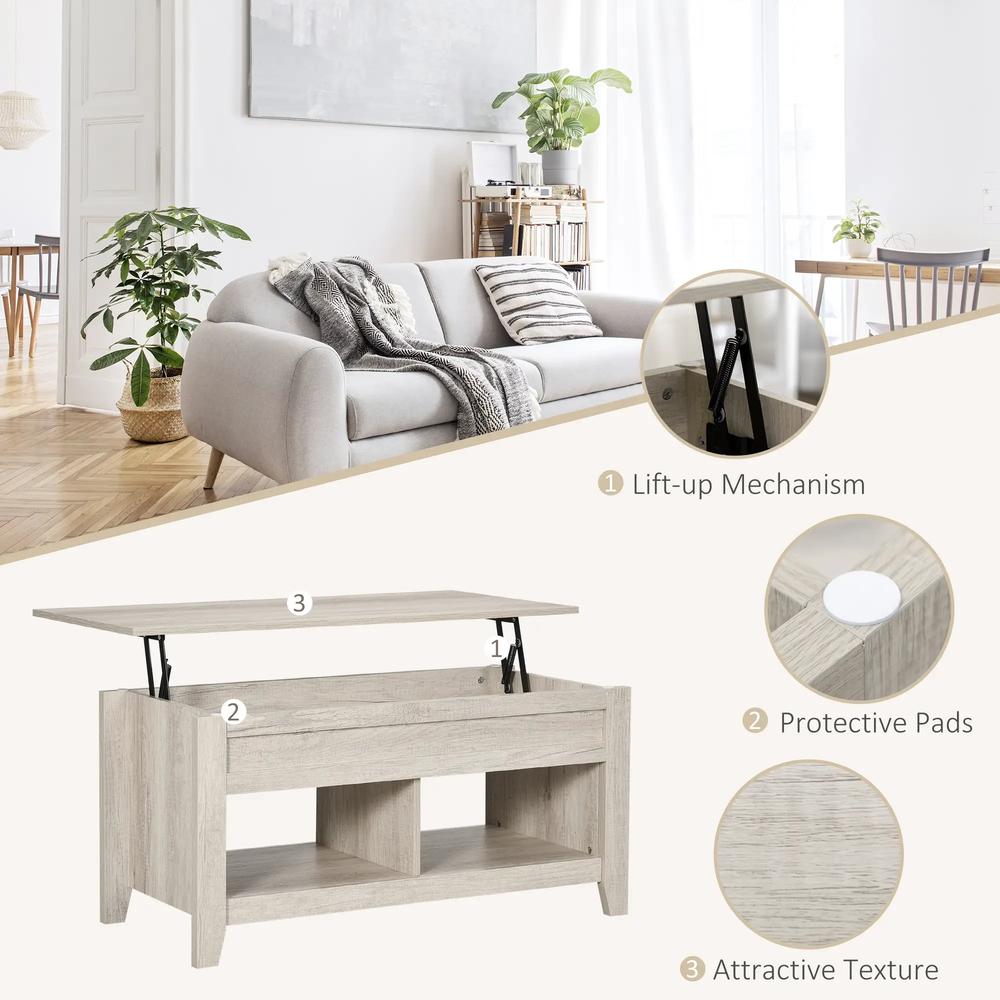 HOMCOM Lift Top Coffee Table w/ Hidden Storage Compartment Open Shelves Lift Tabletop Pop Up Centre Table for Living Room Oak Effect Additional View 6