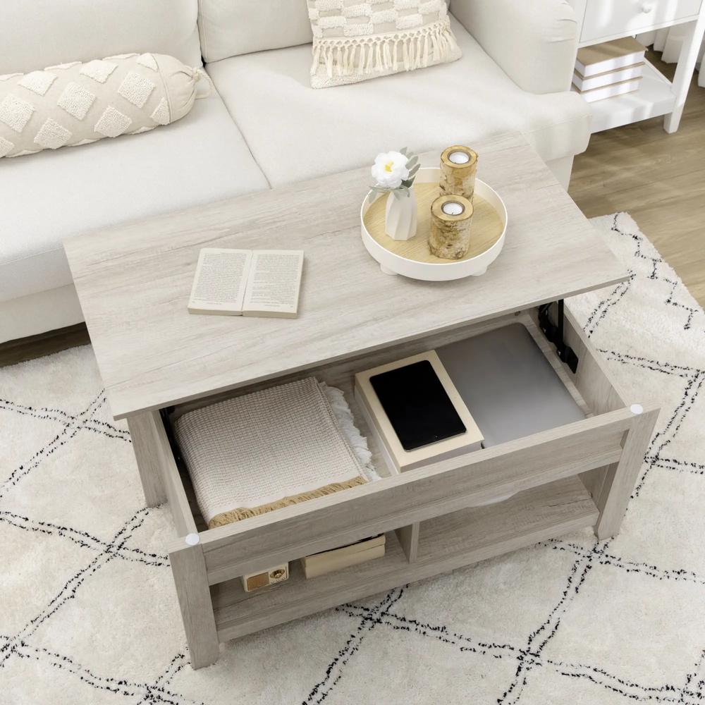 HOMCOM Lift Top Coffee Table w/ Hidden Storage Compartment Open Shelves Lift Tabletop Pop Up Centre Table for Living Room Oak Effect Additional View 8
