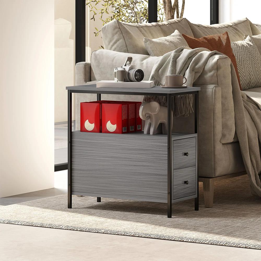 HOMCOM Side Table, Narrow Bedside Table with 2 Drawers and Storage Shelf, Industrial End Table with Metal Frame for Small Spaces Additional View 12